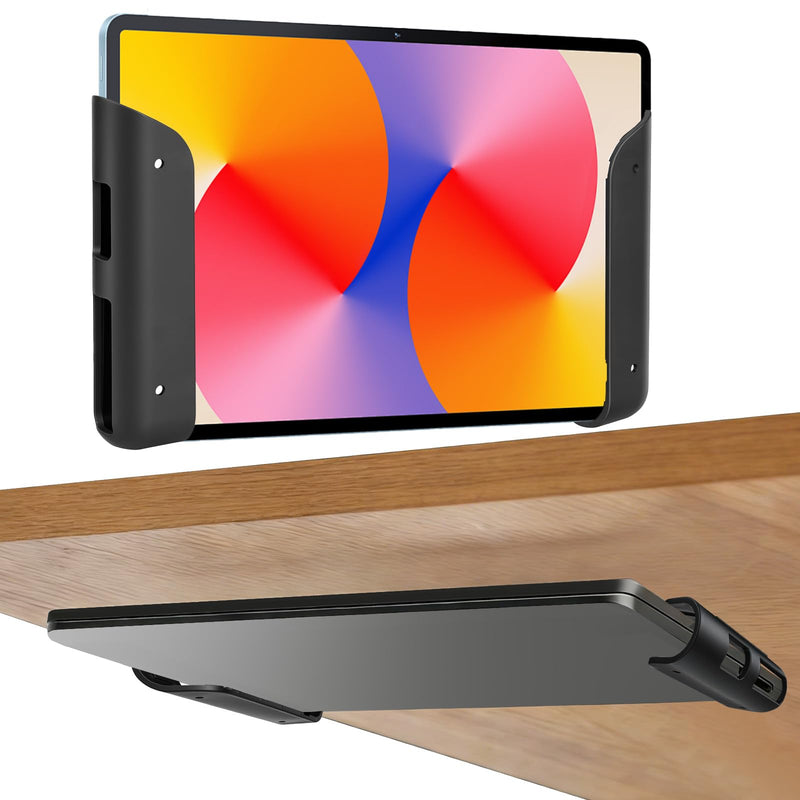 Under Desk Laptop Wall Mount Holder, Universal for MacBook, Surface Tablet Keyboard, with Screws Adhesive Strips Anti-Scratch Pads, Space Saving Under Desk Storage Shelf (Black) Black