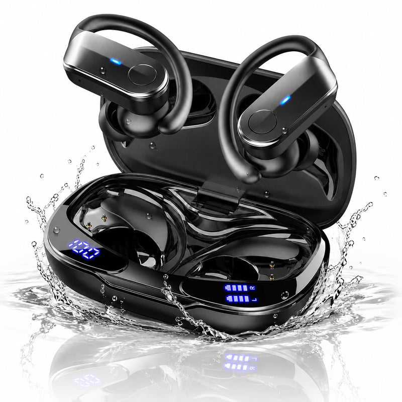 Ordtop Sport Wireless Earbuds with Earhooks, 70H Playtime, IPX8 Waterproof | Bluetooth 5.4, 4 ENC Microphones, Deep Bass Sound, LED Display, USB-C Fast Charging, Secure Fit For Running, Gym And Workouts Deep Black