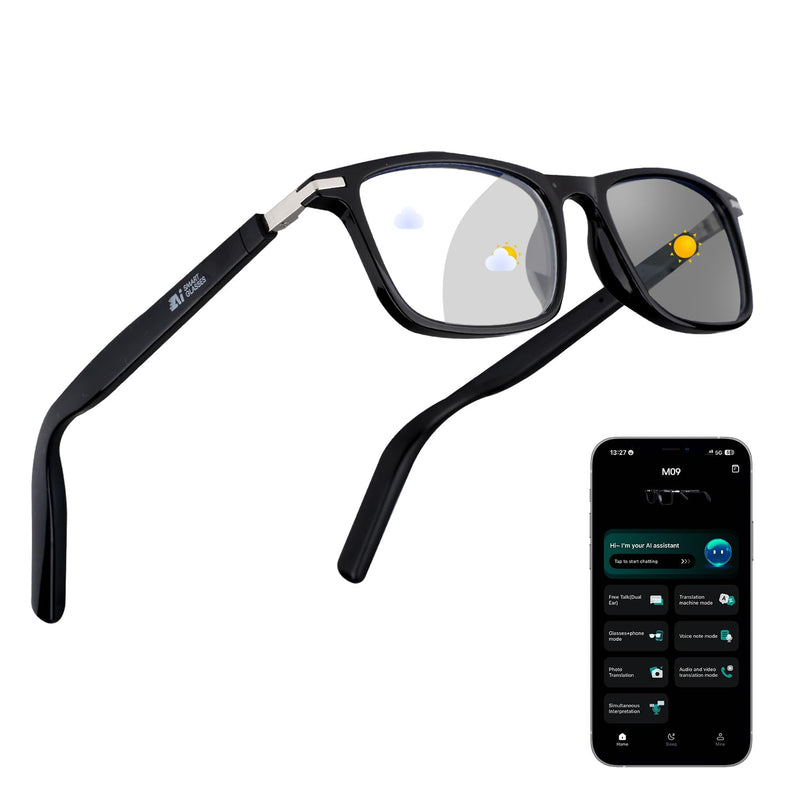 2026 Al Smart Glasses, Bluetooth Translation Glasses with 164 Languages | Color-Change Lens, Music & Call, IP65 Waterproof, Free App, Fashion Audio Glasses for Meeting Driving Travelling,Thin Temples Black-Photochromic lenses