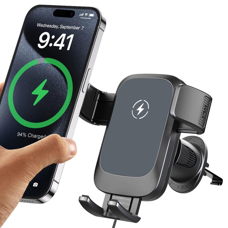 Wireless Car Charger, Auto-Clamping Air Vent Mount Car Phone Holder - 15W/10W/7.5W Fast Charging Compatible with iPhone 17/16/15/14/13/13 Pro/12 Pro Max/12 Pro/12 & Samsung Galaxy, Gift for Men Women Grey