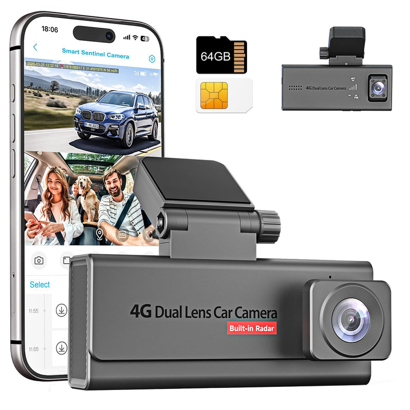4G LTE Car Dash Cam Front and Cabin Camera,Car Camera with SIM Card (No WiFi),64GB SD Card,Dashcam with Night Vision,Remote Live-View,24/7 Parking Mode,Radar Motion Detection,GPS Tracking,OBD Power