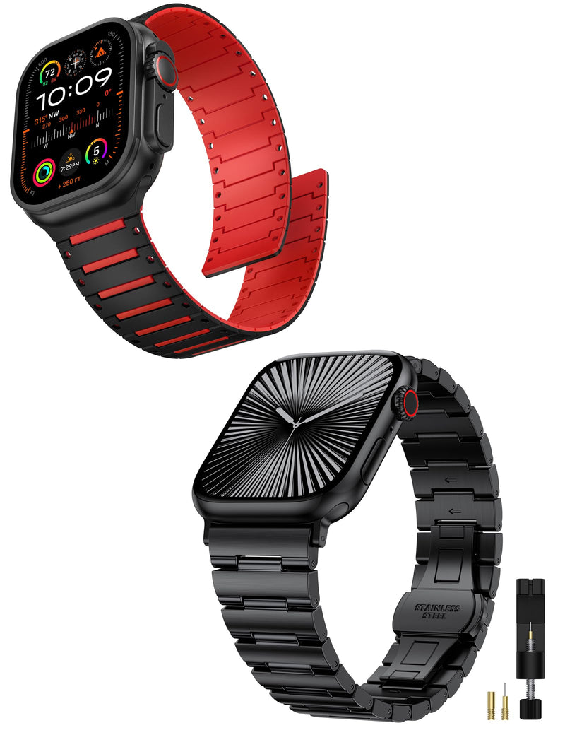 2 Packs Watch Band Compatible with Apple Watch Band 38/40/41/42/44/45/46/49mm, Magnetic Sport Band and Stainless Steel Strap for Women Men