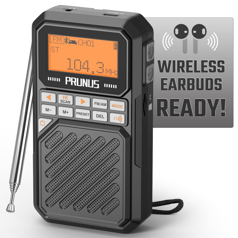 [AUSTRALIA] - PRUNUS J525 Portable Radio AM FM with Bluetooth Earphone Output & Bluetooth Speaker Mode, Preset, 2500mAh Rechargeable, Micro SD Playback with Shuffle & Sequential Play, Headphone Jack, Sleep Timer 