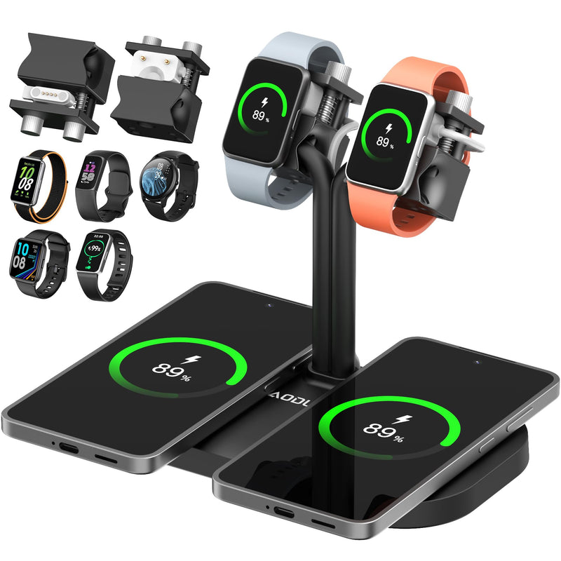 4-in-1 Dual iPhones Wireless Charging Dock and Dual iwatch Stand | Charger Stand for iPhone, for AirPods/Buds, for Samsung,for Galaxy Fit/Xiaomi Band/Amazfit Band/Fitbit Inspire HR(433-B) A433SW-Black