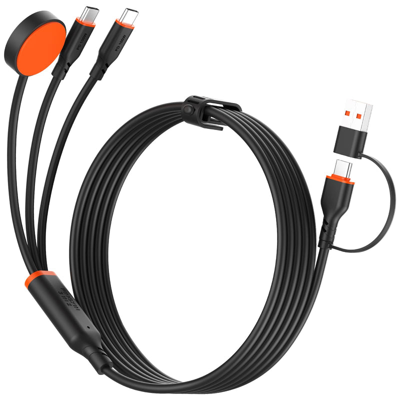 Travel Essentials 3 in 2 Multi Charging Cable 100W USB A/C to Dual USB C/for Apple Watch Charging Cable Silicone Fast Charge Compatible with iPhone 17-15 Series iPad MacBook, Type-C Devices 5FT-Black Black