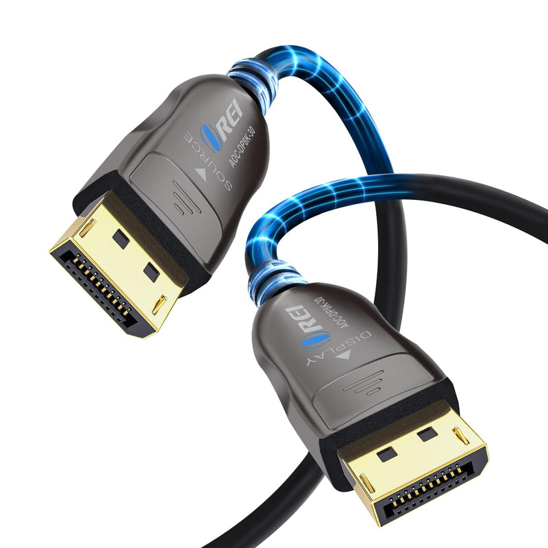 OREI 8K DisplayPort 2.0 AOC Cable 30ft – 54Gbps, 8K@120Hz, 4K@240Hz, VRR | DisplayPort over Fiber with Active Optical technology, EMI-free signal, HDR10+, Dolby Vision & gold-plated connectors