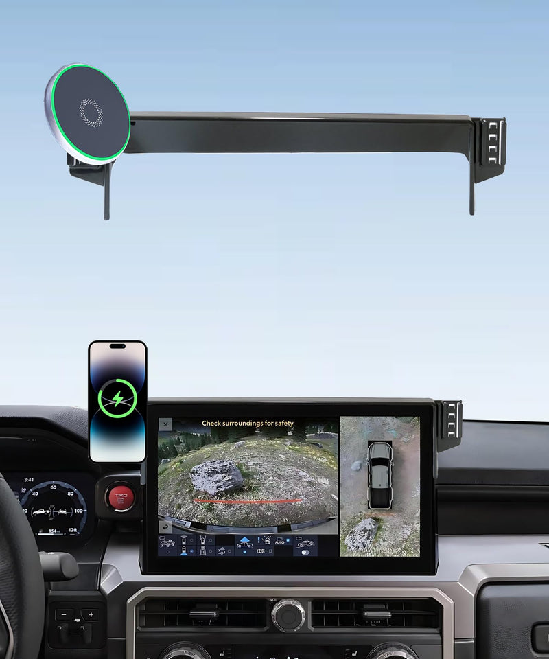 Car Phone Mount for 2024 2025 2026 Toyota Tacoma/2025 4Runner Accessories | 14-in Screen Clip-On MagSafe 15W Fast Wireless Charger Cell Phone Holder, 3D Fit Navigation 360° Rotatable Cradle fit for 2024-2026 Tacoma/2025 4Runner (14 Inch)