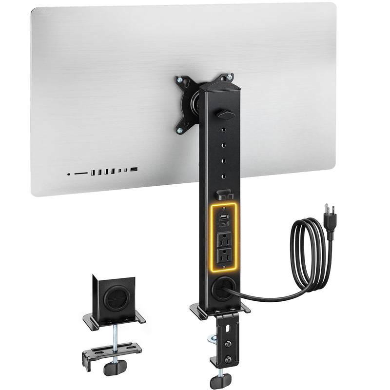 monTEK Powered Single Monitor Stand for 17-32", Clamp/Grommet | Heavy-duty monitor desk mount, integrated power outlet, adjustable arm and clamp/grommet mounting options