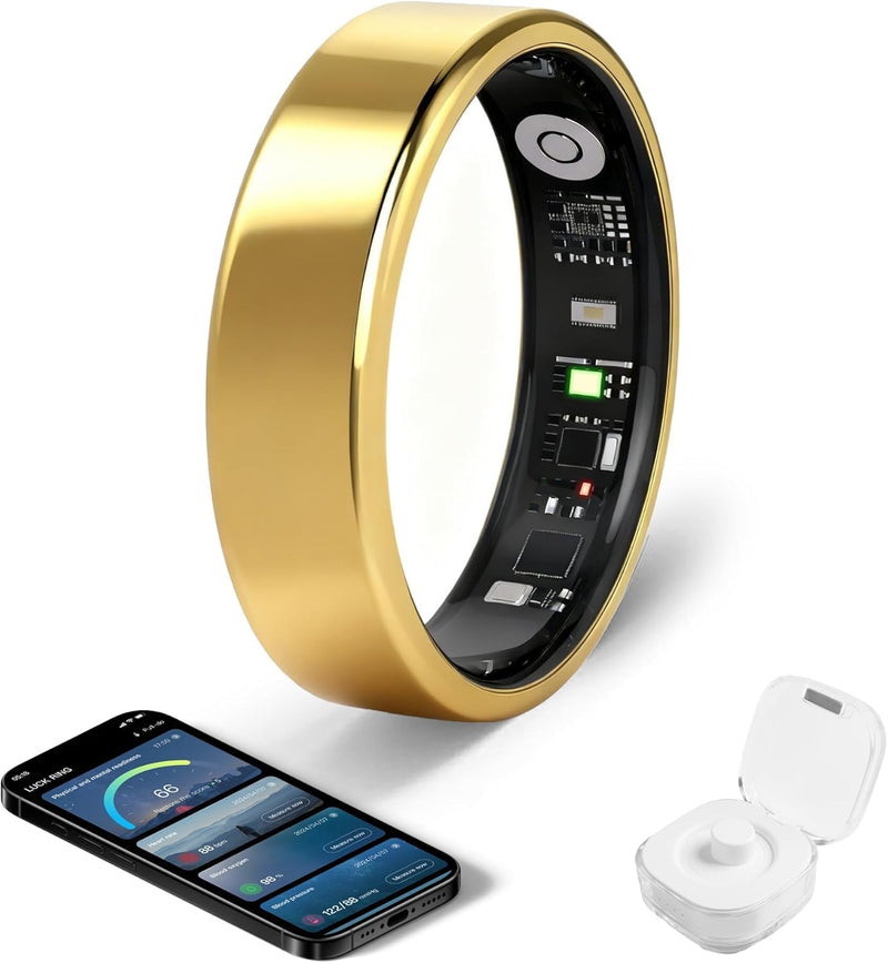 Smart Ring - Free Heart Rate SpO2 Sleep Tracker | No Subscription | IP68 Waterproof Fitness Tracker | 24/7 Activity Monitor | Step Counter & Stress Tracking | Sleep & Workout (Gold, 8) Gold
