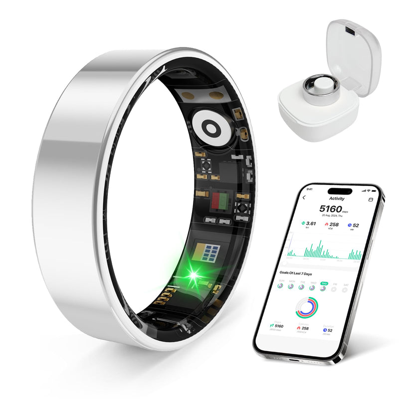 Smart Health Ring, Featuring Stress and Sleep Monitoring Functions, Compatible with iOS and Android,Waterproof Fitness Tracker for Women & Men, No Subscription Fee. (Silver, 8)