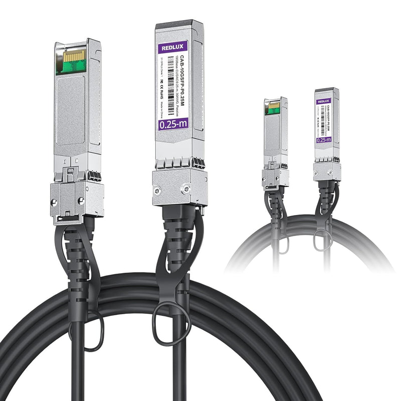 REDLUX 10G SFP+ DAC Passive Twinax Cable, 30AWG, 0.25-Meter(0.82ft), 2-Pack | 10GBASE-CU Direct Attach Copper SFP+ Cable for Cisco SFP-H10GB-CU0.25M, Ubiquiti UniFi, TP-Link , Meraki and More 0.25m
