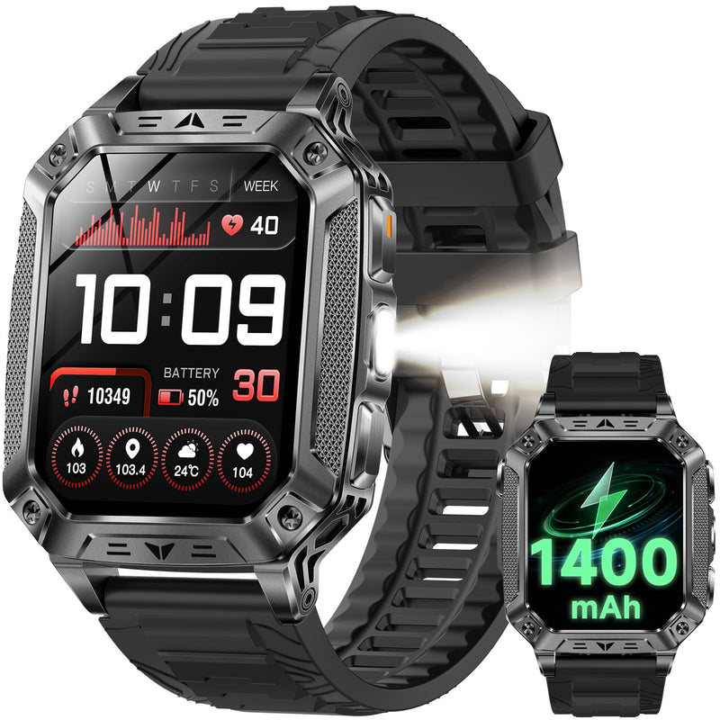 KPEP Smart Watches for Men, 2 Flashlight & 100 Days Battery Life | IP68 Waterproof 2.01'' Military Smart Watch with Sleep/SpO2/Heart Rate Monitor/Step Tracker, Sport Smartwatch for Android iOS