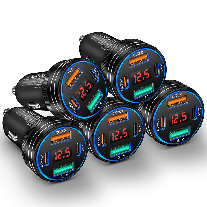 5-Pack Car Charger, Ancekoy 65W 4-Port Car Charger Adapter with Voltmeter | PD+QC3.0 Fast Charging Cigarette Lighter USB Charger Pack for iPhone 17 16 15, Samsung Galaxy, iPad,Android,Black 5-Pack Black