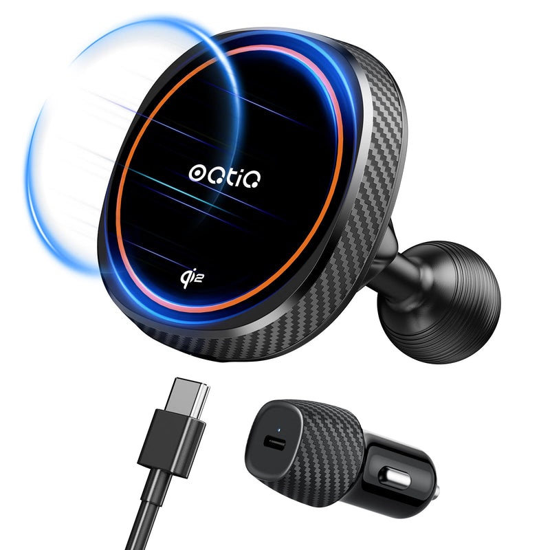 OQTIQ Qi2 15W Magnetic Car Charger for MagSafe with 25mm Ball Mount | Compatible with RAM Mounts,Magnetic Wireless Charger with Metal 25mm Ball Mount for MagSafe