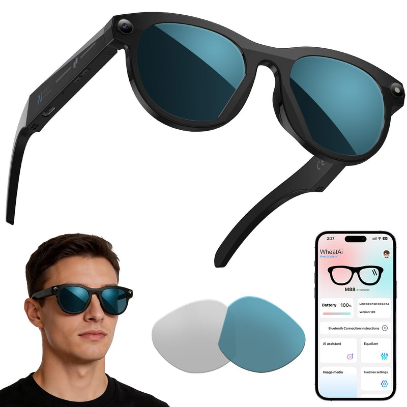 KPEP Ai Smart Glasses with 2MP Camera, HD Video Recording, Photo Taking | Bluetooth Calls Answer, Open-Ear Audio, Voice Assistant, Object Recognition, Real-time Translation, Ai Glasses with 2 Lenses Black