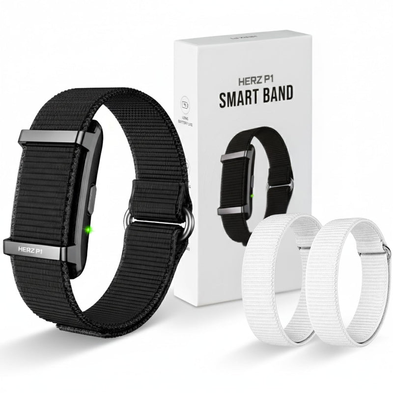 Herz P1 Smart Band + White Strap – Fitness & Sleep Tracking Wristband with Extra Adjustable Nylon Bands in Frosted White, Long Battery Life, Activity & Rest Monitoring, Splash Resistant, App Connected