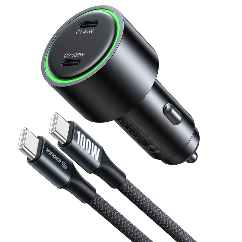 Esoulk145W USB C Car Charger Dual Port Cigarette Lighter Phone Charger | 145W fast dual USB-C car charger, includes 6ft 100W braided USB-C cable, charges 2 phones, tablets, or laptops.
