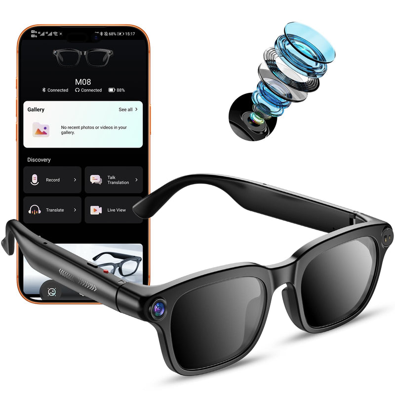 Ai Smart Glasses with Camera, 4K 8MP HD Photo and Video Recording with Real-Time Translation/Object Recognition/AI Voice Q&A/Recording, Calls and Music, UV & Blue Light Protection, Photochromic lens Shine Black M08