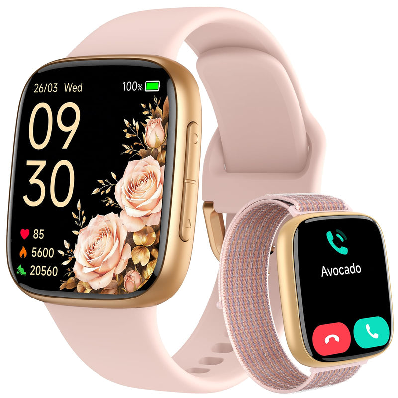 Smart Watch for Women, Answer/Make Call, 1.85" AMOLED Always-On Screen Smartwatch for iPhone & Android, 3ATM Waterproof Fitness Tracker with Heart Rate/Sleep/SpO2 Monitor, 120+ Sport Modes, 2 Bands Pink