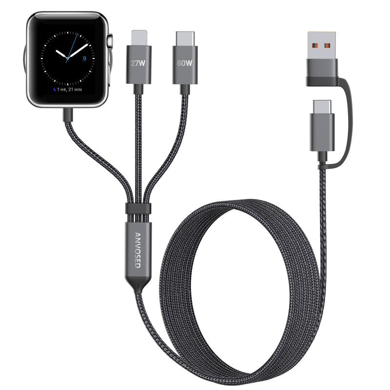 60W Fast Charging Cable for Apple Watch Charger, 6-in-1 Portable Multi Charging Cable for Apple Watch Series 1–11/SE/Ultra (Grey, 120) Grey