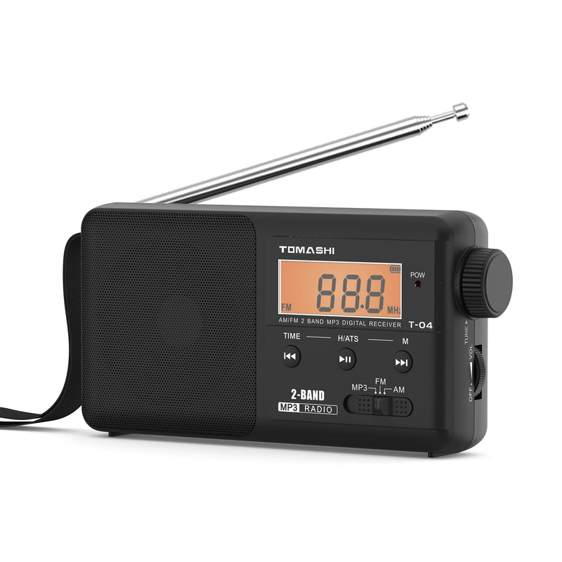 TOMASHI Portable AM FM Radio, USB-C Rechargeable Auto Scan Radio | Large tuning knob, clock display and Micro SD MP3 player. Speaker and headphone jack for home and outdoor use.