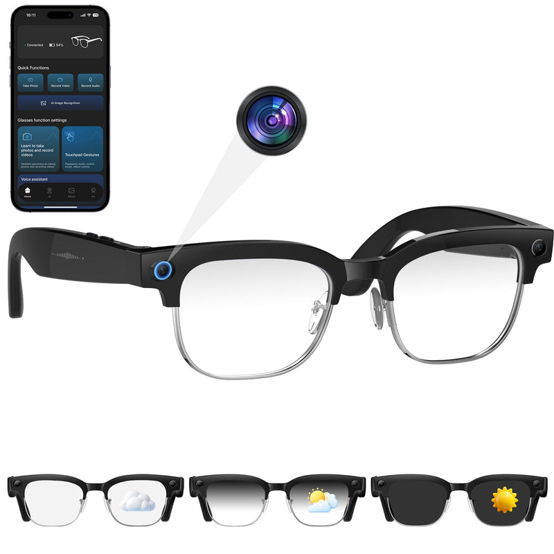 AI Smart Glasses with 8MP HD Camera, 4K Photo, 1080P Video Glasses with Voice Assistant, AI Image Recognition, Real-Time Translation, Bluetooth Calling/Music, IP66 Waterproof, Photochromic Lenses