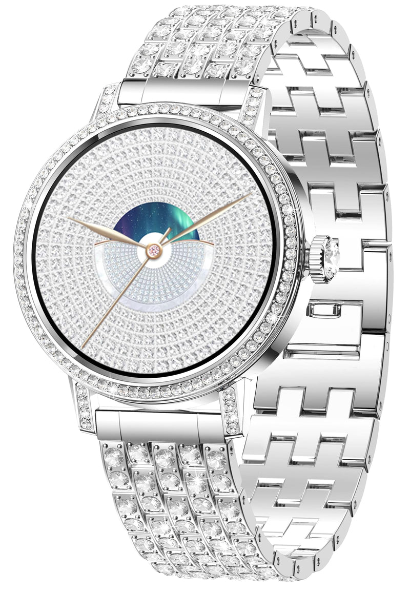 Diamond Smart Watch for Women Bluetooth Call 24/7 Blood Pressure Monitor Heart Rate&Sleep Tracker Fitness Activity Tracker Message Notifications Elegant Rhinestone Dress Smartwatch for IOS & Android Silver-Steel band