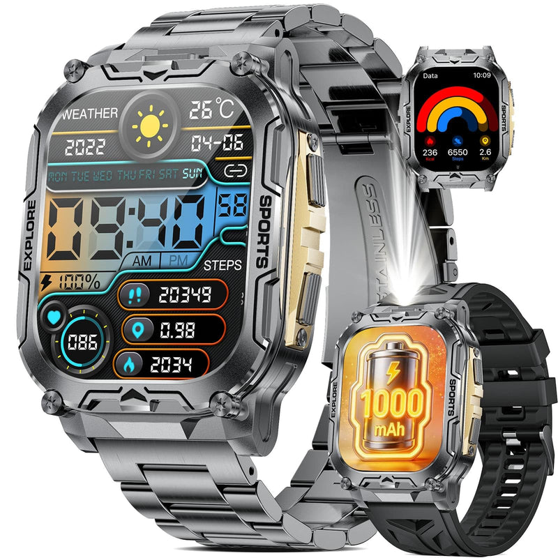 Military Smart Watches for Men(Answer/Dial Calls),2.01" Ultra Large HD Smartwatch with 60 Days Extra-Long Battery/Heart Rate/Sleep Monitor/Flashlight/2 Straps,Rugged Fitness Watch for iOS/Android Gold