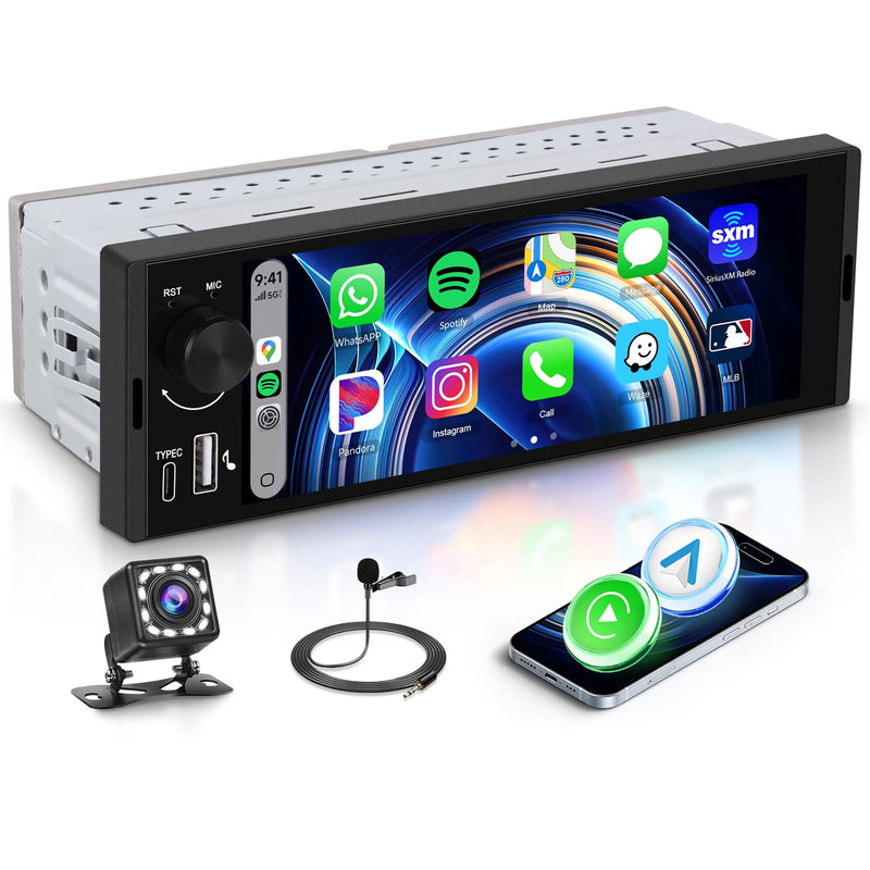 Single Din Car Stereo with 6.36 Inch Touch Screen, Wireless CarPlay & Android Auto, Mirror Link, Online Video, Bluetooth, FM Radio, 16-Band EQ, Backup Camera Included, SWC, USB/Type-C, Physical Knobs