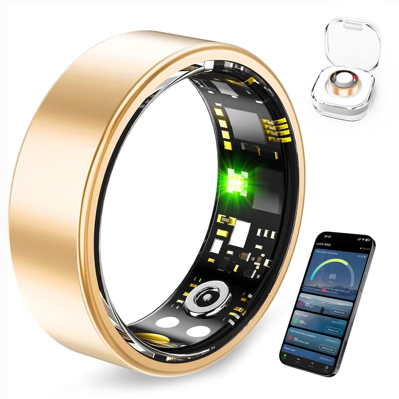 Smart Ring Health Tracker for Women and Men, Fitness Ring with Heart Rate, Blood Oxygen, HRV, Sleep & Step Tracking, No Subscription, IP68 Waterproof, Compatible with iOS & Android (Gold, 7#)