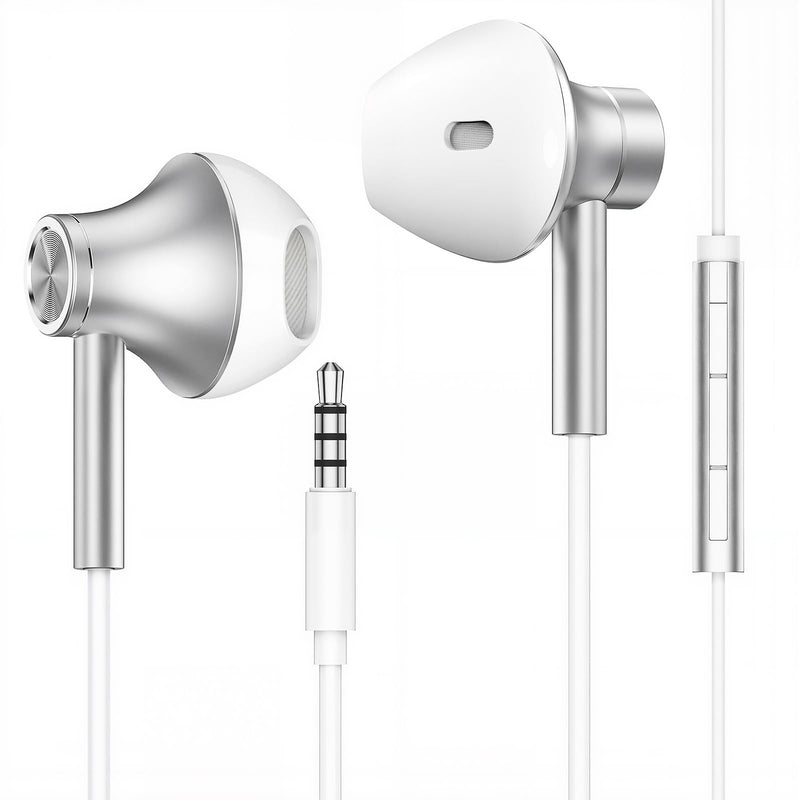 VUM HiFi Stereo 3.5 mm Wired Earbuds with Ultra Clear Mic & Volume Control | 14-Strand Pure Copper Cable, High-Sensitivity Composite-Driver, 3.5mm Jack Corded Headphone for iPhone/iPad/Android/Laptop/PC Silver & White 3.5mm(1Pack)