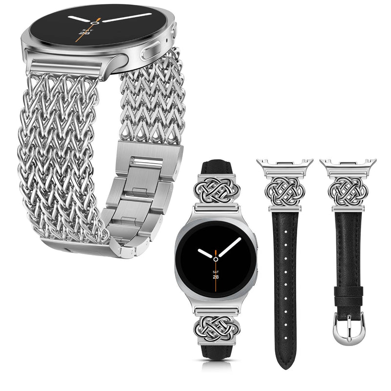 Minyee 2 Packs Compatible with Samsung Galaxy Watch 8 Band Women, Celtic Knot Leather Band & Dressy Stainless Steel Metal Multi-chain Adjustable Link Bracelet