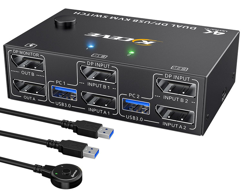 8K Displayport KVM Switch 2 Monitors 2 Computers 8K@30Hz 4K@144Hz,MLEEDA Dual Monitor KVM Switches with 4 USB 3.0 Ports for Keyboard Mouse USB Peripherals,Wired Remote and 2 USB Cables Included black 11 cm DP 2 PC 2 Monitor