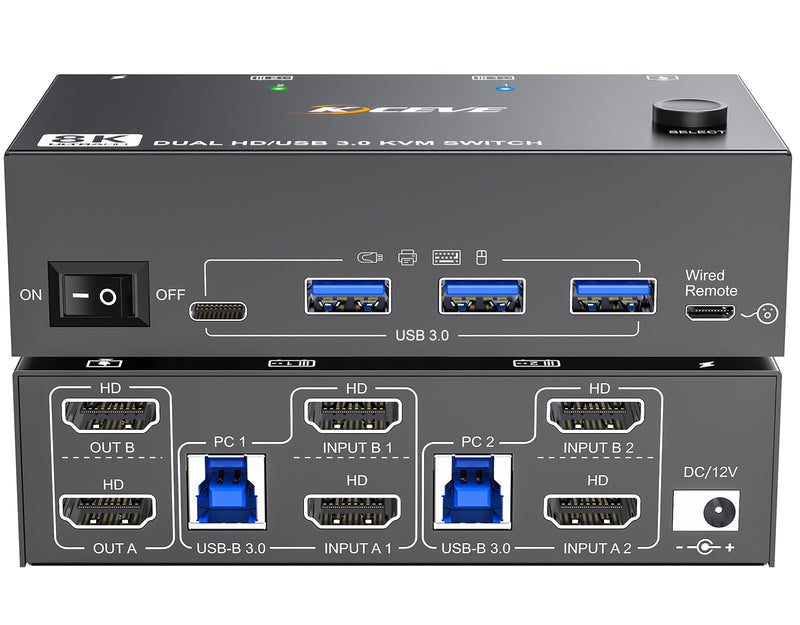 8K HDMI KVM Switch 2 Monitors 2 Computers 8K@60Hz 4K@144Hz,MLEEDA USB 3.0 Dual Monitor KVM Switch for 2 Computer Share 2 Monitor and 4 USB Devices,Wired Remote,12V Power Adapter and USB Cable Included black 10 cm HDMI KVM 2 Monitors
