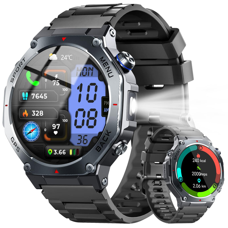 Military Smart Watch for Men with Dual-Band GPS, 5ATM Waterproof, 1.43” AMOLED Fitness Watch, Heart Rate Blood Oxygen Sleep Monitor, 160+ Sport, Bluetooth Calling Smartwatch for Hiking Running Outdoor Starlight Black