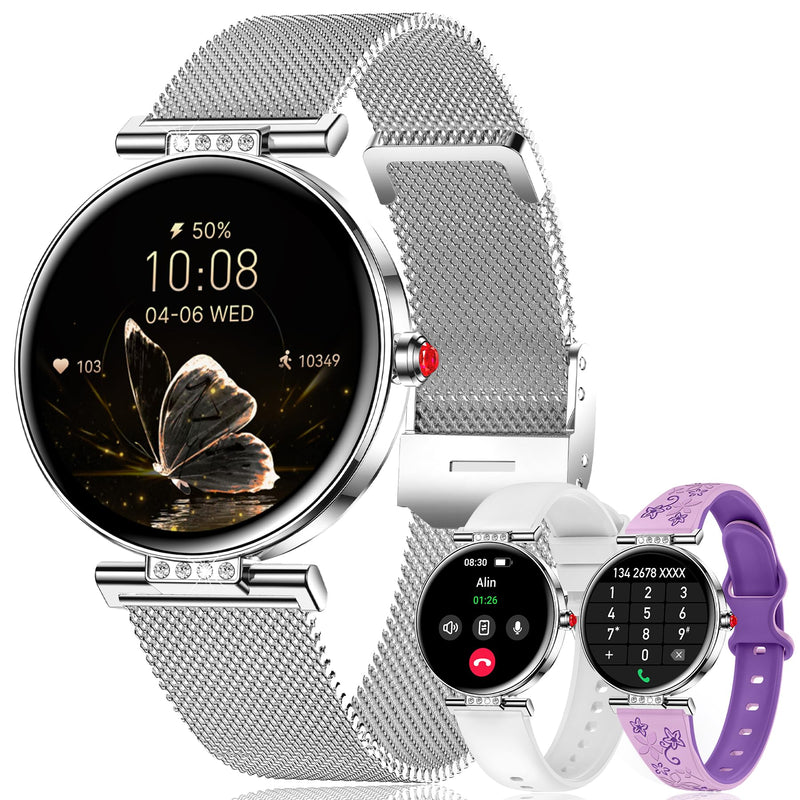 Smart Watch for Women, 1.19" AMOLED Touchscreen Fitness Watch（Calls/Notifications）3 Straps, 24H Heart Rate/Sleep Monitor/Female Cycle, 120+ Sports Modes, IP68 Waterproof Smartwatch for Android iPhone Silver
