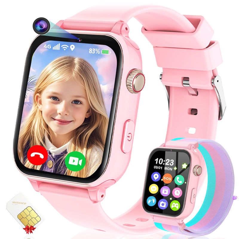 4G Kids Smart Watch for Boys Girls GPS Tracker, Children Watches Phone Call | Smartwatch Phone Gifts for Teens Toddler Ages 4-12 Years with SIM Card Video & Voice Call SOS, Parental APP, Class Mode Light Pink