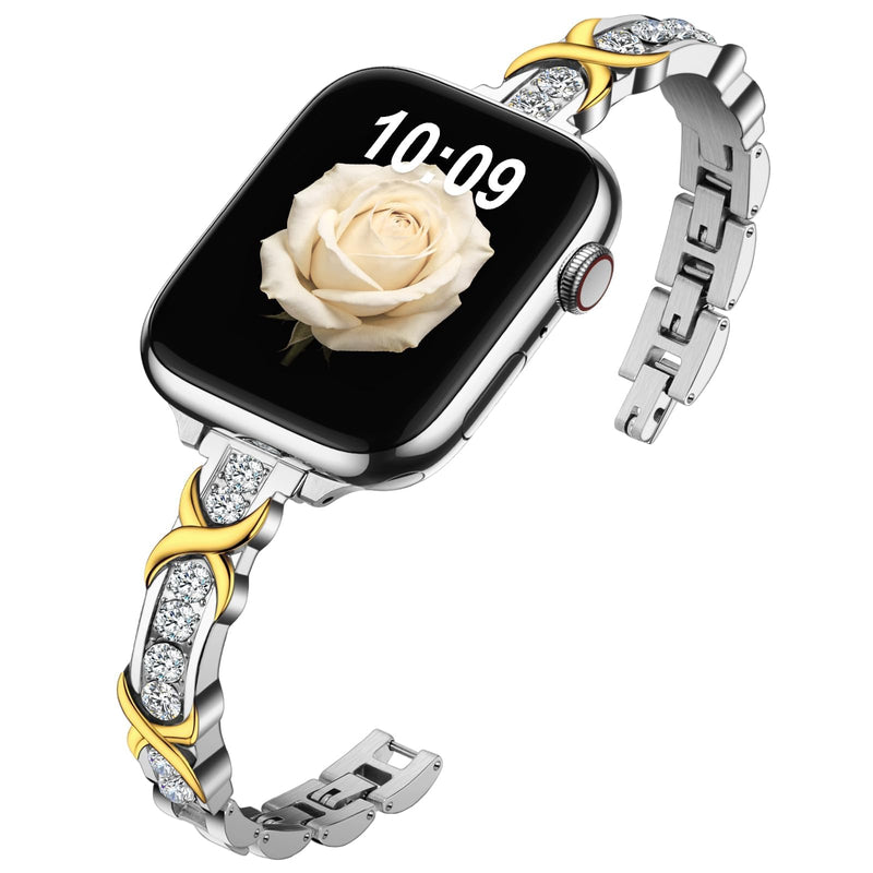 Luxury Silver Metal Band Compatible with Apple Watch Bands for Women | Stainless Steel, Chain Straps for iWatch Series 9 8 7 6 5 4 3 2 1 SE, 41mm 40mm 38mm 42mm(Series 11 10), Adjustable Retro Classic/Silver