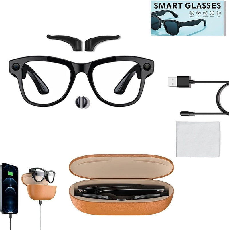 M02 Ultra Smart Glasses with 8MP Camera, Reverse Charging Case, AI Object Recognition & Translation, Hands-Free 4K Video Recording, Noise-Cancelling Bluetooth Audio (Black)