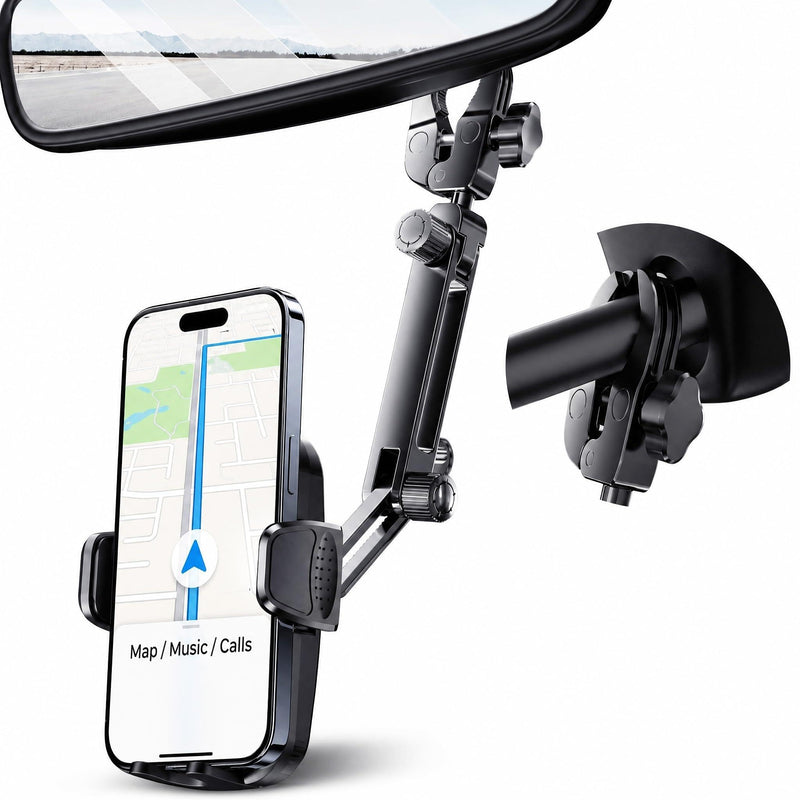 Aluminum Rear View Mirror Phone Mount for [Truck & SUV], Anti-Shake Universal Car Phone Holder with 360° Rotation, Non-Blocking Driving Assistant for iPhone 17 16 15 14 13 Pro Max, Samsung Black