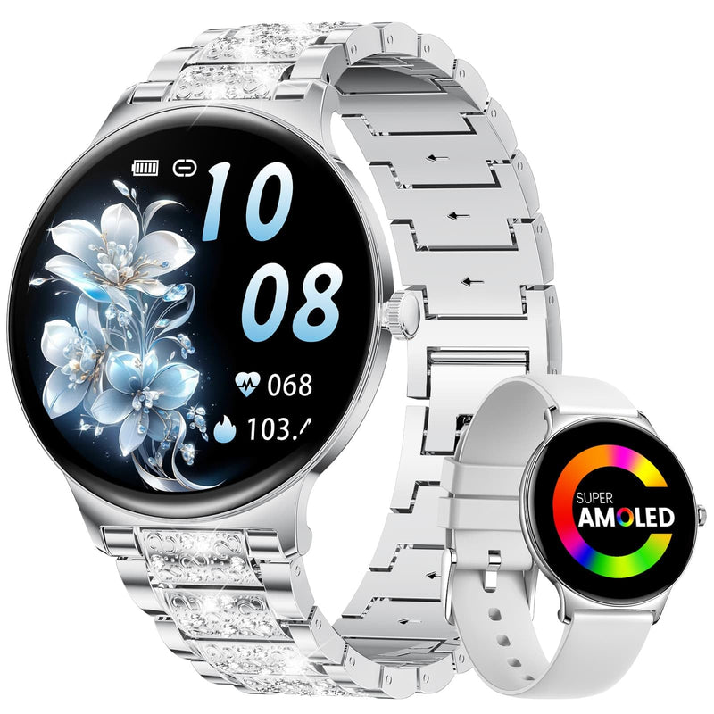 LIGE Ultra-Thin Smart Watch for Women,1.43" Always-on Display Smart Watch with Bluetooth Call,Health Tracker 100+ Sports Modes, Mutifuction Women Smartwatch for Android iOS 2 Straps(Silver) Silver