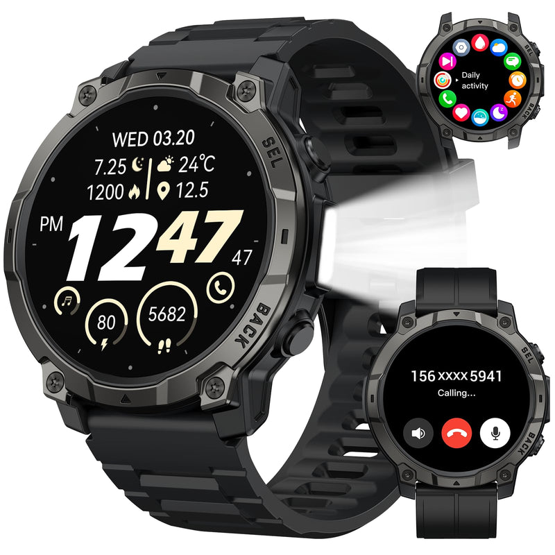 Military Smart Watch for Men, 1.39'' Fitness Tracker with LED Light, Step Counter, Sleep Calorie Monitor, Waterproof, 420mAh， Smartwatch (Make/Answer Call) for Android iPhone (Black) Black