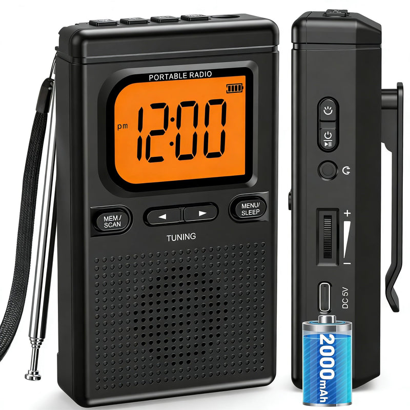 [AUSTRALIA] - 2000mAh Rechargeable AM FM Radio with Bluetooth Portable Transistor Pocket Radio with Best Reception Digital Tuning, Flashlight,LCD Screen,Earphone Jack, Sleep Timer and Alarm Clock for Jogging Black 