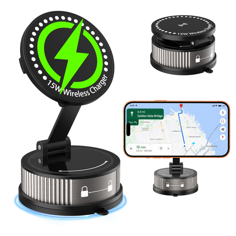 2-in-1 Car Phone Mount with 15W Fast Wireless Charging | 95+LBS Strong Suction & 2400gf Strong Magnetic , 360° Adjustable Car Phone Holder, Phone holders for Your Car