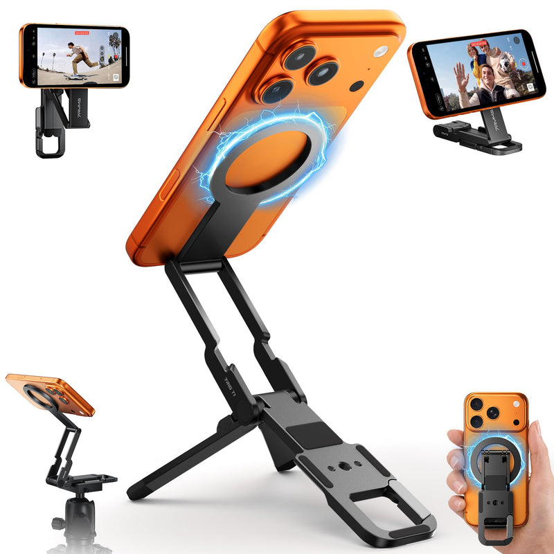 7RYMS 7RIG T1 Magnetic Phone Tripod for iPhone/Android, 1/4" Screw for Vlog | Aluminium MagSafe Phone Holder with Magnet Foldable Hook, Mini Smartphone Stand for Gym, Travel, Filming, Video Recording Black