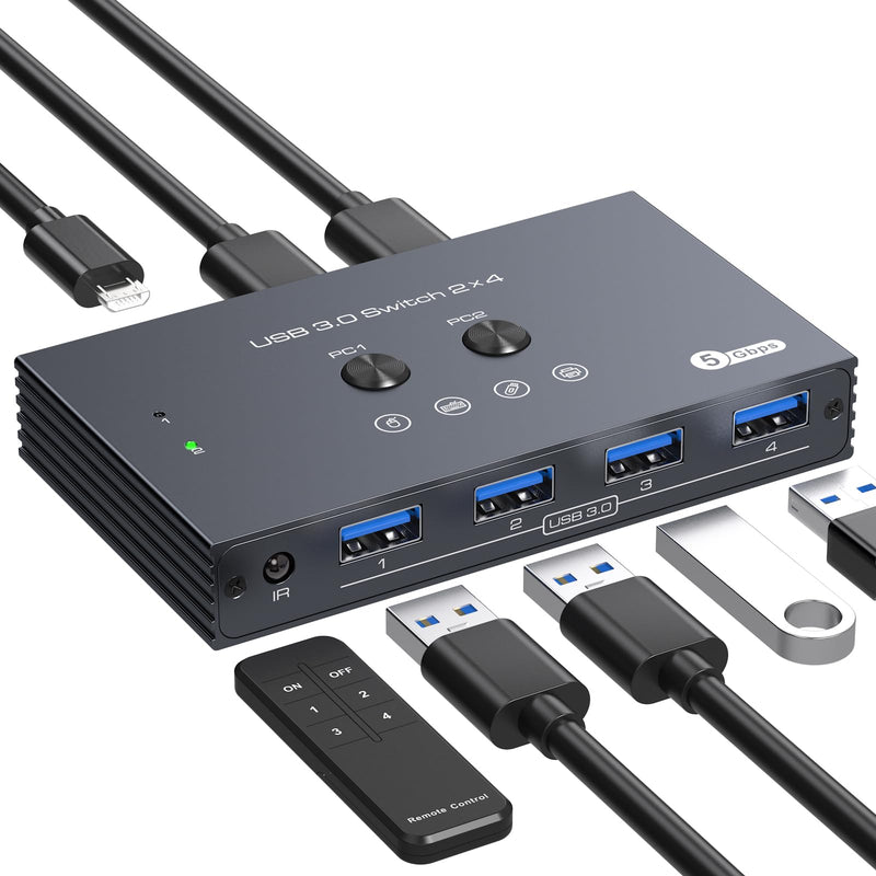 USB 3.0 Switch 2 Computers Share 4 USB Devices with IR Remote 4 Port Hub USB KVM Control 5Gbps Data Sharing for Keyboard Mouse Printer Scanner Deep gray
