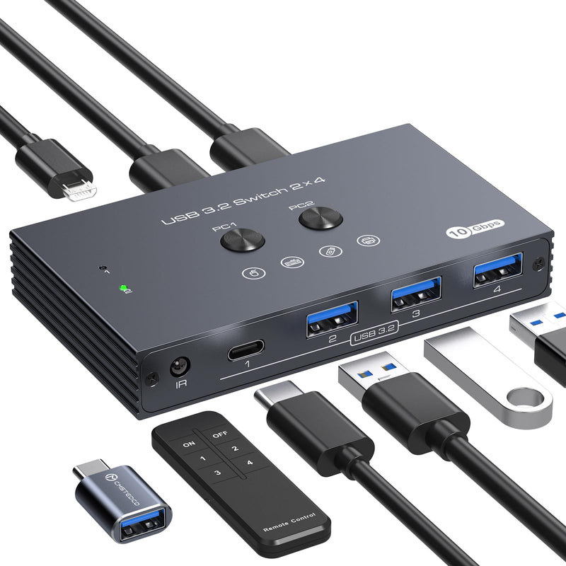 USB 3.2 Switch 2 Computers Share 4 USB Devices with IR Remote 4 Port Hub USB KVM Control 10Gbps Data Sharing for Keyboard Mouse Printer Scanner Gray