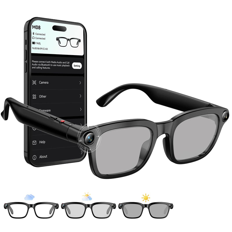 8MP Smart Glasses with Camera, Photochromic AI Glasses for Vlogging | Photochromic lenses, 30+ language translation, voice control, Hi-Fi audio, spring temples, USB-C charging Transparent