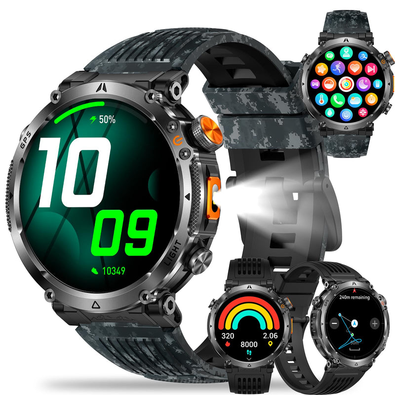 Men's Military Smart Watch with GPS,Compass for Outdoor 1.7" HD Big Face | Fitness Tracker with Bluetooth Calling,Heart Rate/Sleep Monitor/100+ Sports Modes,Long Battery,for Android & IOS 2 Bands Camouflage Black