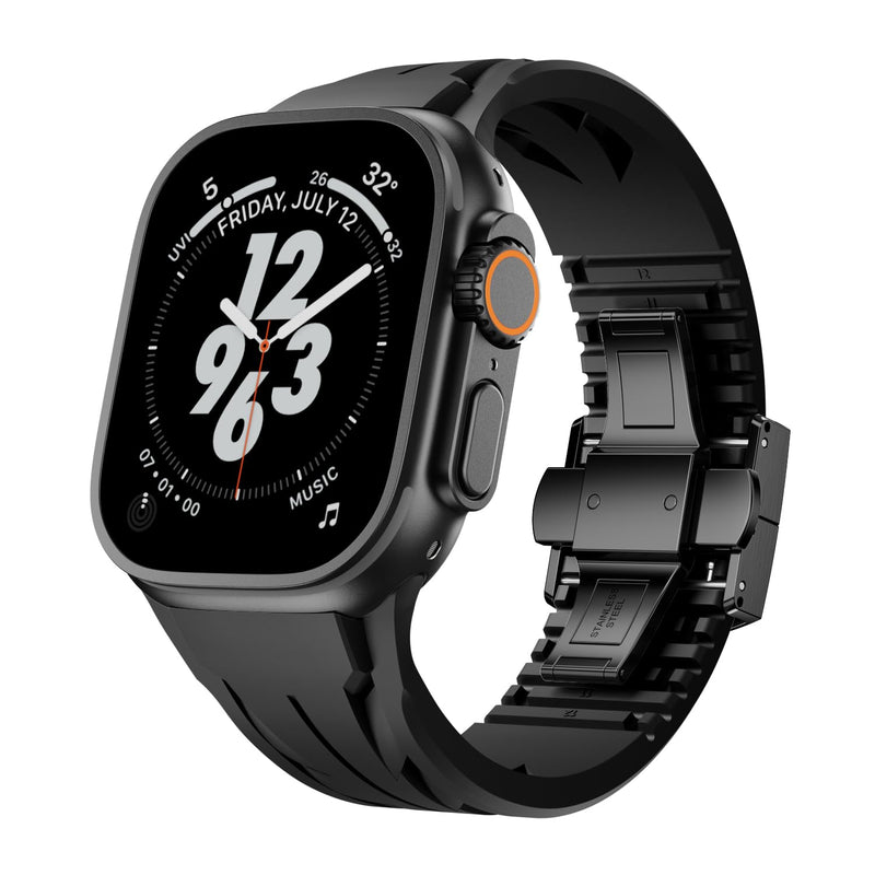 FKM Watch Band F10 - Premium Rubber Strap for Apple Watch Compatible with iWatch Ultra 3 / Ultra2/Series 10 9 8 7 (44mm 45mm 46mm 49mm), Sport bands with Folding buckle, Rugged Heavy Duty Modern 006Black-b 42mm/44mm/45mm/46mm/49mm